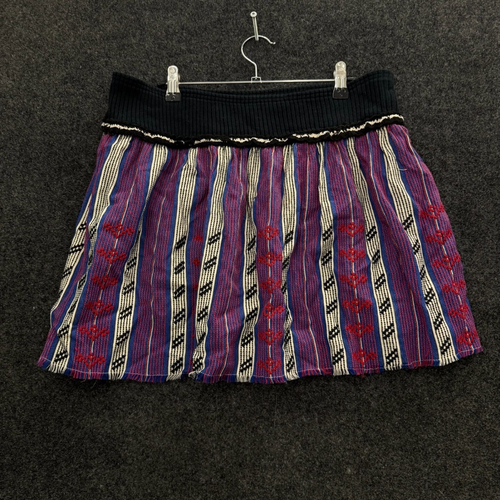 Anthropologie Woven Tapestry Mini Skirt Red Blue Boho Ribbed Waist Cotton L